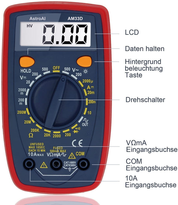 Digital Multimeter mit Ohm Volt Ampere Spannung Tester Messung von AC/DC Spannung, DC Strom, Widerstand, Diode, Kontinuität Messinstrument