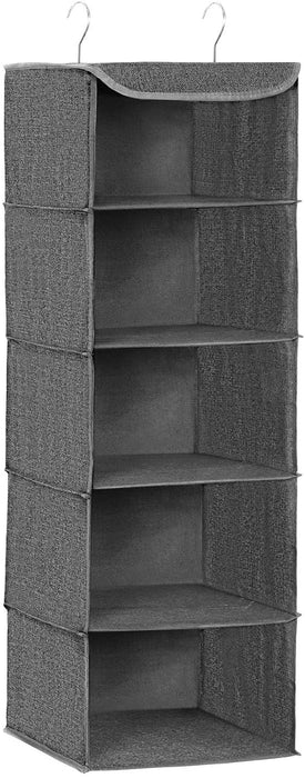 Hängeregal, Kleiderschrank-Organizer, Hängeaufbewahrung, für Kleidung, platzsparend und faltbar, Metallhaken, Bambus-Einsätze, leinenartige Textur, grau