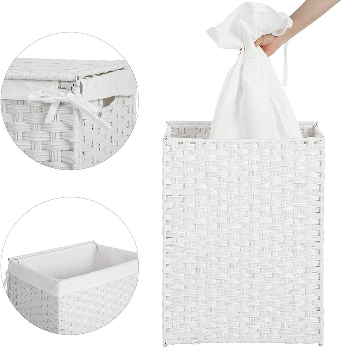 Wäschekorb handgeflochten, 90 L, Wäschesammler aus synthetischem Rattan, mit Deckel und Griffen, faltbar, Wäschesack herausnehmbar, weiß