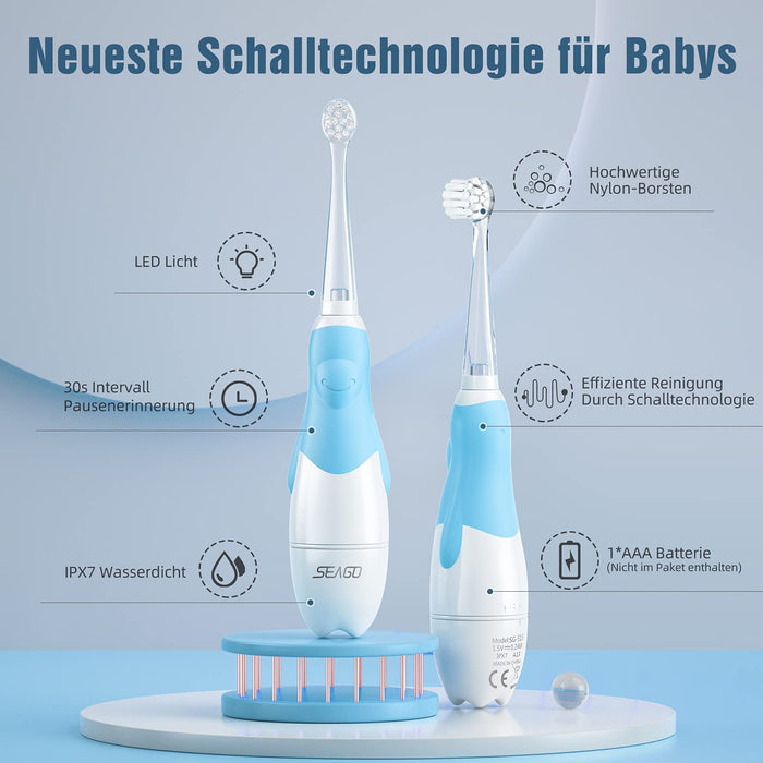 Elektrische Zahnbürste Kinder 6 Monaten bis 4 Jahren, Schallzahnbürste mit LED Licht Aufsteckbürste Smart Timer Wasserdicht IPX7,SG513 (Blue)