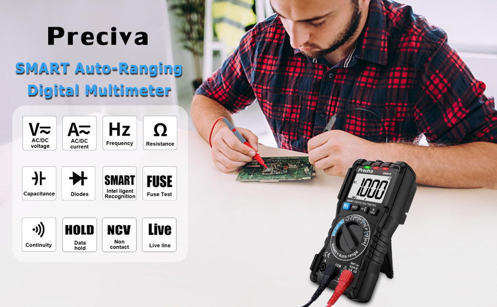 Digitaler Multimeter, Preciva Digitales Mehrfachmessgerät Vielfachmessgerät mit Smart TEST und NCV TEST, Strommessgerät CAT Ⅲ 600 V