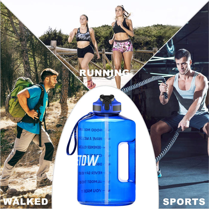 3,78 Liter Trinkflasche Sport mit Zeitangaben und Strohhalme, 3,78L Groß Sportflasche BPA Frei, Auto Wasserbehälter Auslaufsicher Sportflasche (Blue 3,78L)