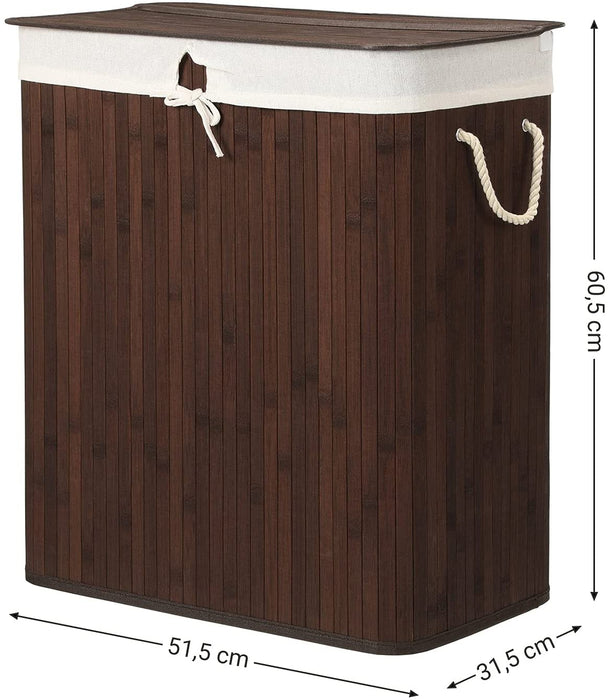 Wäschekorb aus Bambus, Wäschesammler mit 2 Fächern, Wäschesortierer mit Deckel und herausnehmbarem Wäschesack, Tragegriffe aus Baumwolle, 100 L