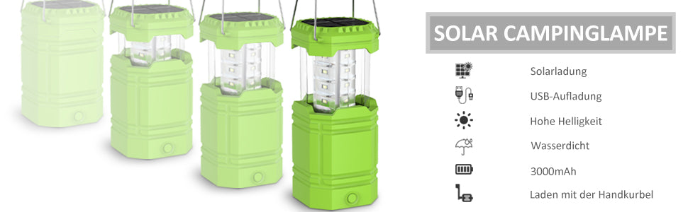 LED Campinglampe Solar, Wasserdicht LED Camping Laterne, Notfallleuchte mit Handkurbel, Eingebaute 3000mAh Akku für Wandern, Angeln, SOS, Ausfälle