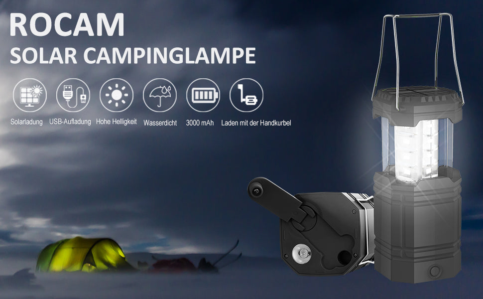 LED Campinglampe Solar, Wasserdicht LED Camping Laterne, Notfallleuchte mit Handkurbel, Eingebaute 3000mAh Akku für Wandern, Angeln, SOS, Ausfälle