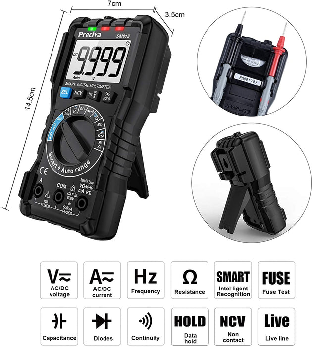 Digitaler Multimeter, Preciva Digitales Mehrfachmessgerät Vielfachmessgerät mit Smart TEST und NCV TEST, Strommessgerät CAT Ⅲ 600 V