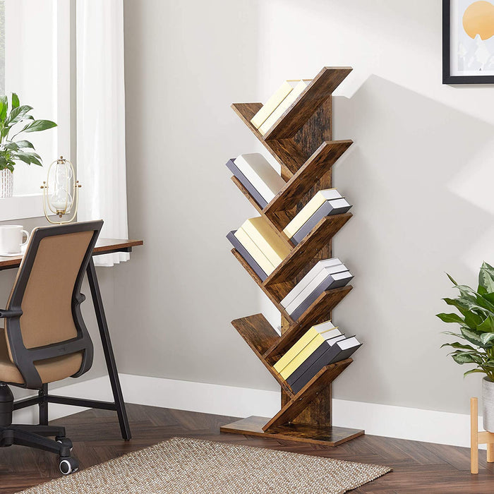 Bücherregal, Standregal, mit 8 Ebenen, DVD-Regal, in Baumform, für Wohnzimmer, Arbeitszimmer, Kinderzimmer, Büro, vintagebraun