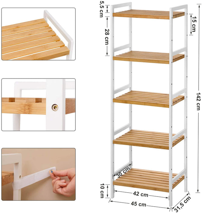 Bambus Regal, Küchenregal, Badregal, Bücherregal, Standregal mit 5 Ablagen, 45 x 31,5 x 142 cm ideal für Bad, Küche, Wohnzimmer, Schlafzimmer, Balkon