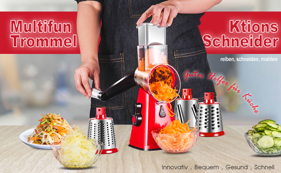Trommelreibe Gemüseheobel, Käsereibe mit 3 Edelstahl Trommeleinsätze Manuelle Gemüseschneider für Käse, Gurken, Karotten-Schnittfeste Handschuhe