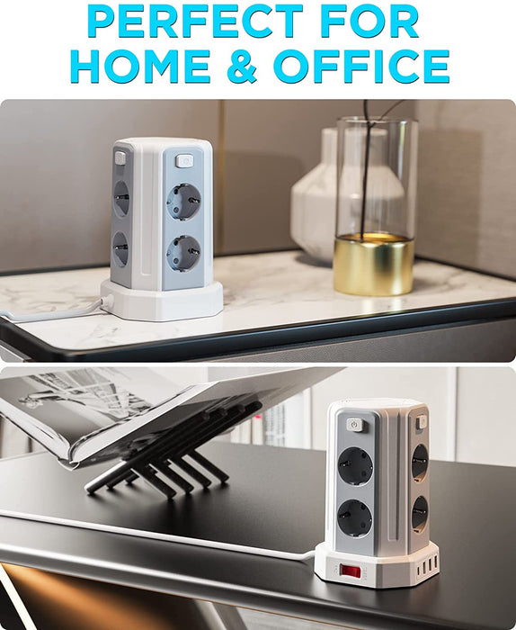 8 Fach Steckdosenleiste mit 3M Kabel, Mehrfachsteckdose mit 3 USB A, 1 USB C, Steckdosenturm mit 5 Schalter, Steckdosenleiste Überspannungsschutz