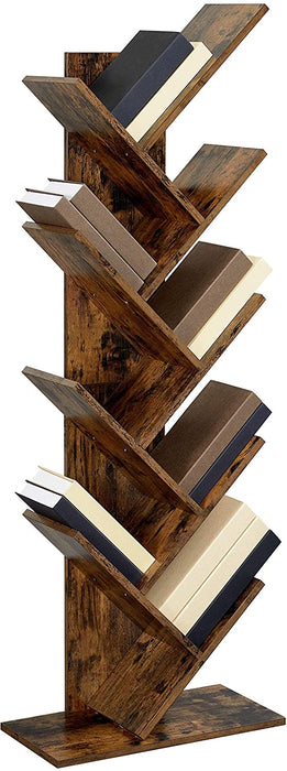 Bücherregal, Standregal, mit 8 Ebenen, DVD-Regal, in Baumform, für Wohnzimmer, Arbeitszimmer, Kinderzimmer, Büro, vintagebraun