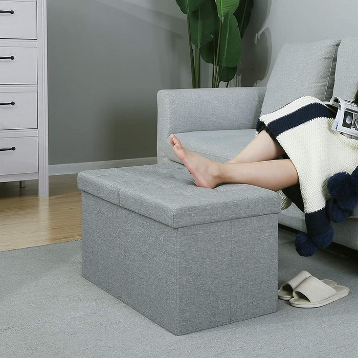 Sitzbank mit Stauraum, Sitztruhe mit Klappdeckel, Aufbewahrungsbox, faltbar, max. statische Belastbarkeit 300 kg, 80 L, 76 x 38 x 38 cm, Leinenimitat, hellgrau