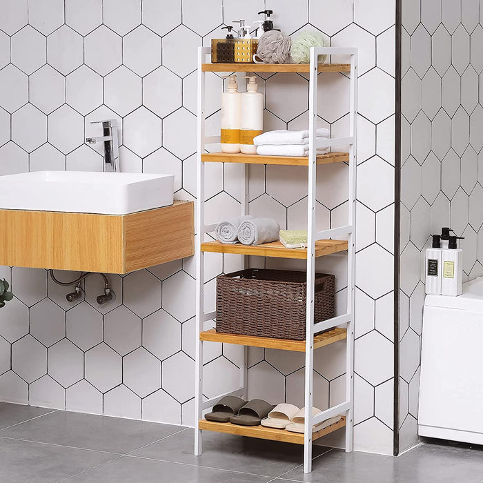 Bambus Regal, Küchenregal, Badregal, Bücherregal, Standregal mit 5 Ablagen, 45 x 31,5 x 142 cm ideal für Bad, Küche, Wohnzimmer, Schlafzimmer, Balkon