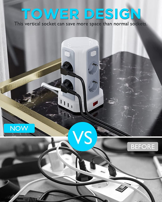 8 Fach Steckdosenleiste mit 3M Kabel, Mehrfachsteckdose mit 3 USB A, 1 USB C, Steckdosenturm mit 5 Schalter, Steckdosenleiste Überspannungsschutz