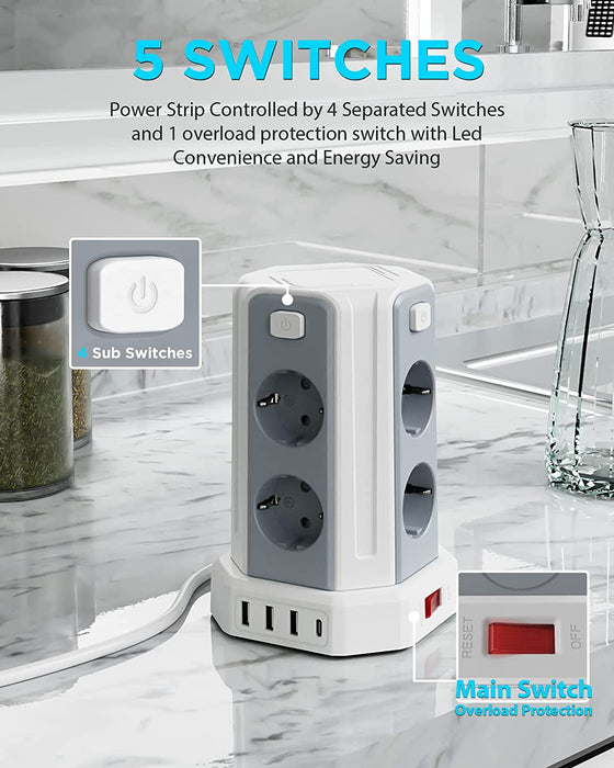 8 Fach Steckdosenleiste mit 3M Kabel, Mehrfachsteckdose mit 3 USB A, 1 USB C, Steckdosenturm mit 5 Schalter, Steckdosenleiste Überspannungsschutz