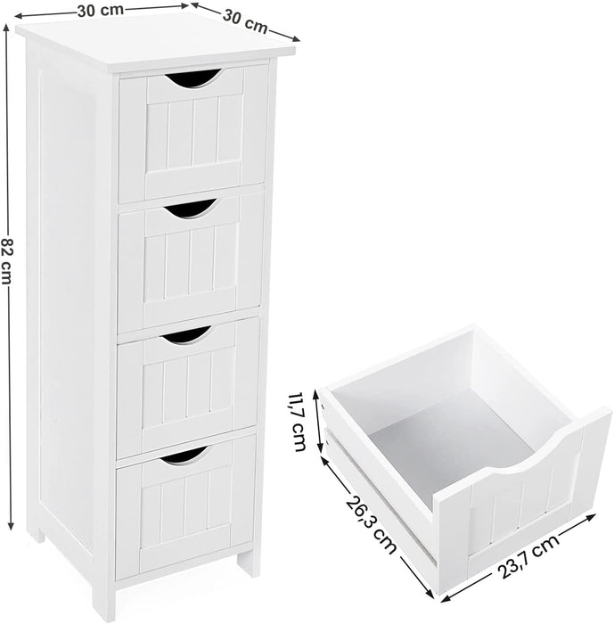 Badezimmerschrank, schmaler Badschrank aus Holz mit 4 Schubladen, 30 x 30 x 82 cm, Wohnzimmer, Schlafzimmer, Flur, tief, freistehend, platzsparend, weiß