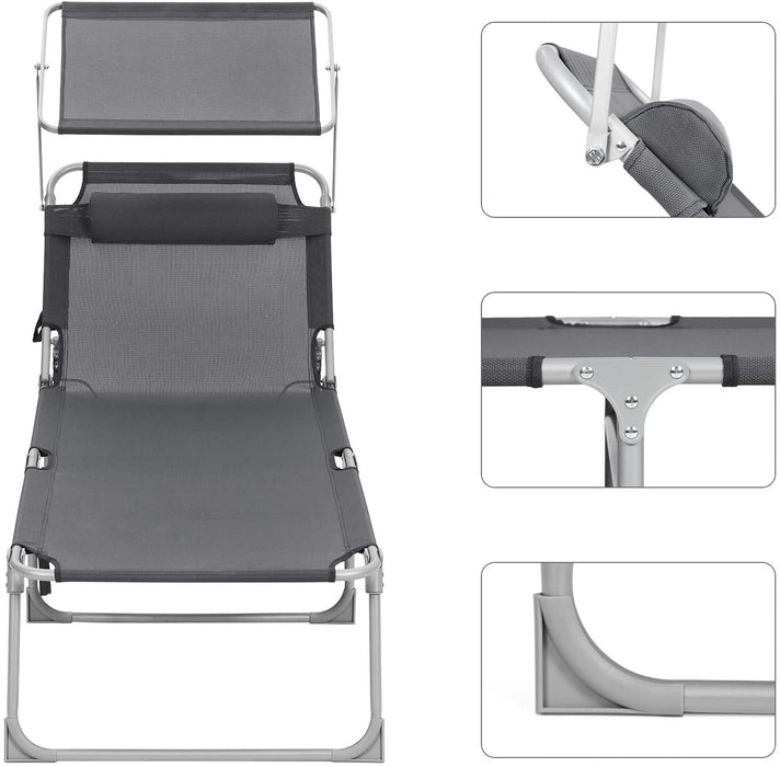 Sonnenliege, Liegestuhl, Gartenliege, extra groß, 71 x 200 x 38 cm, bis 150 kg belastbar, mit Kopfstütze und Sonnendach, Rückenlehne verstellbar