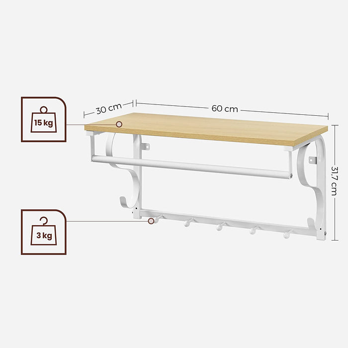 Wandgarderobe, Wandregal mit 5 Haken und Ablage, im Industrie-Design, Hakenleiste mit Hängestange, für Flur, Schlafzimmer, Badezimmer und Wohnzimmer