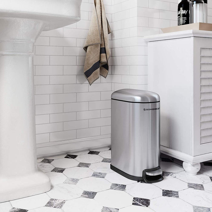 Mülleimer, Kosmetikeimer aus Stahl, 10 Liter, schmaler Treteimer mit Inneneimer, fürs Badezimmer, Softclose, Abfalleimer für die Nische, silbern