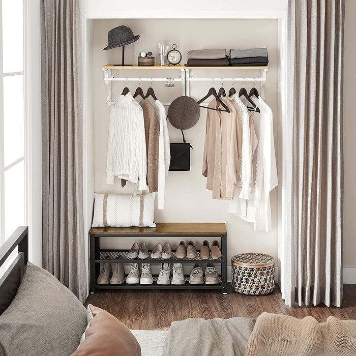 Wandgarderobe, Wandregal mit 5 Haken und Ablage, im Industrie-Design, Hakenleiste mit Hängestange, für Flur, Schlafzimmer, Badezimmer und Wohnzimmer