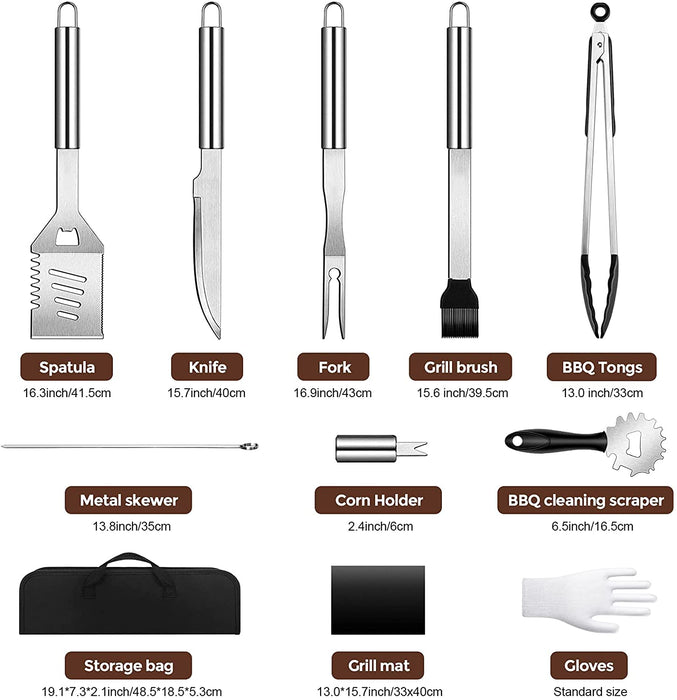 BBQ Grillbesteck Tool Set, 26-teiliges Hochleistungs Edelstahl Grillwerkzeug, Grill Kit mit Matte zum Grillen für Outdoor Picknick Familien Garten