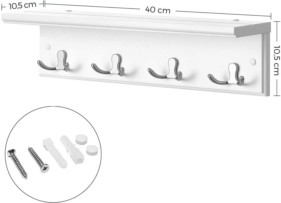 Wandgarderobe, Flurgarderobe, mit 4 Doppelhaken, mit Ablage, Garderobenhaken, für Badezimmer, Wohnzimmer, Küche, weiß