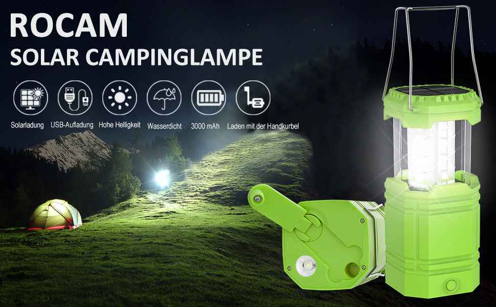 LED Campinglampe Solar, Wasserdicht LED Camping Laterne, Notfallleuchte mit Handkurbel, Eingebaute 3000mAh Akku für Wandern, Angeln, SOS, Ausfälle