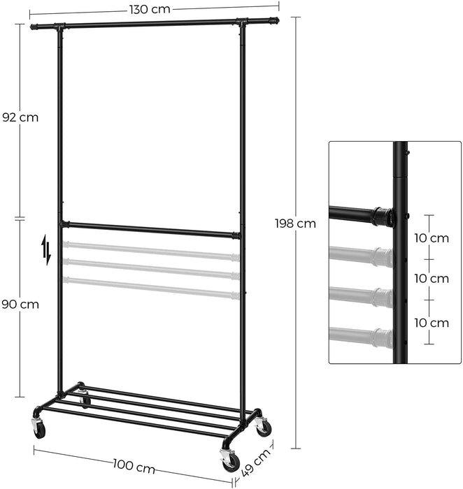 Kleiderständer im Industriedesign, bis 110 kg belastbar, Garderobenständer auf Rollen, 2 Kleiderstangen, aus Metall, gut belastbar, Präsentation