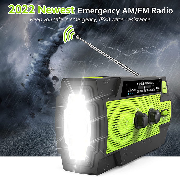 Solarradio, Kurbelradio, Tragbares AM/FM-Radio Wiederaufladbares Dynamo 4000 mAh Radio mit heller Taschenlampe, Bewegungssensor-Leselampe
