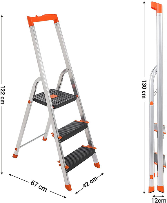 Leiter 3 Stufen, Trittleiter, 12 cm breite Stufen mit Riffelung, Anti-Rutsch-Füße, mit Handlauf, Werkzeugschale, bis 150 kg belastbar