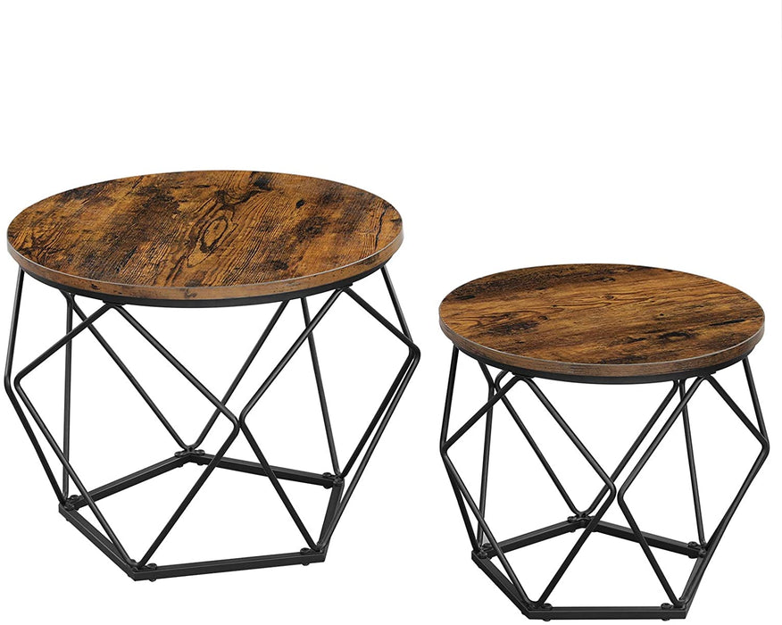 Beistelltische, 2er Set, geometrische Couchtische mit Korbfunktion, dekorativ, robust, Stahlrahmen, für Wohnzimmer, Schlafzimmer, vintagebraun-schwarz