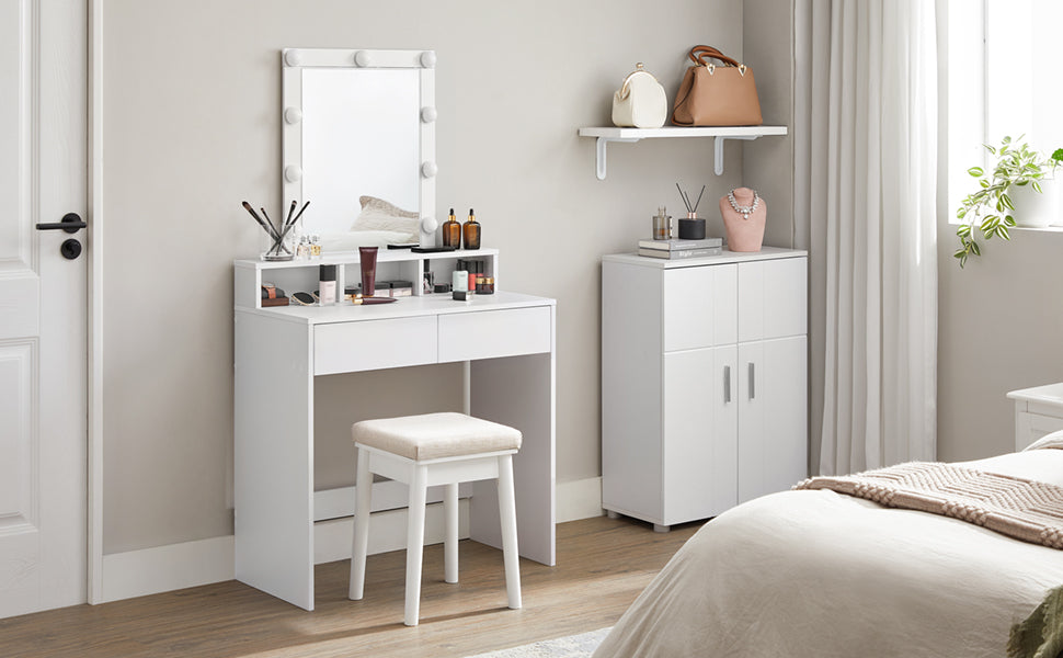 Schminktisch mit LED Beleuchtung, Frisiertisch mit Spiegel, Kosmetiktisch mit 2 Schubladen und 3 offenen Fächern, Frisierkommode, für Make-up, modern