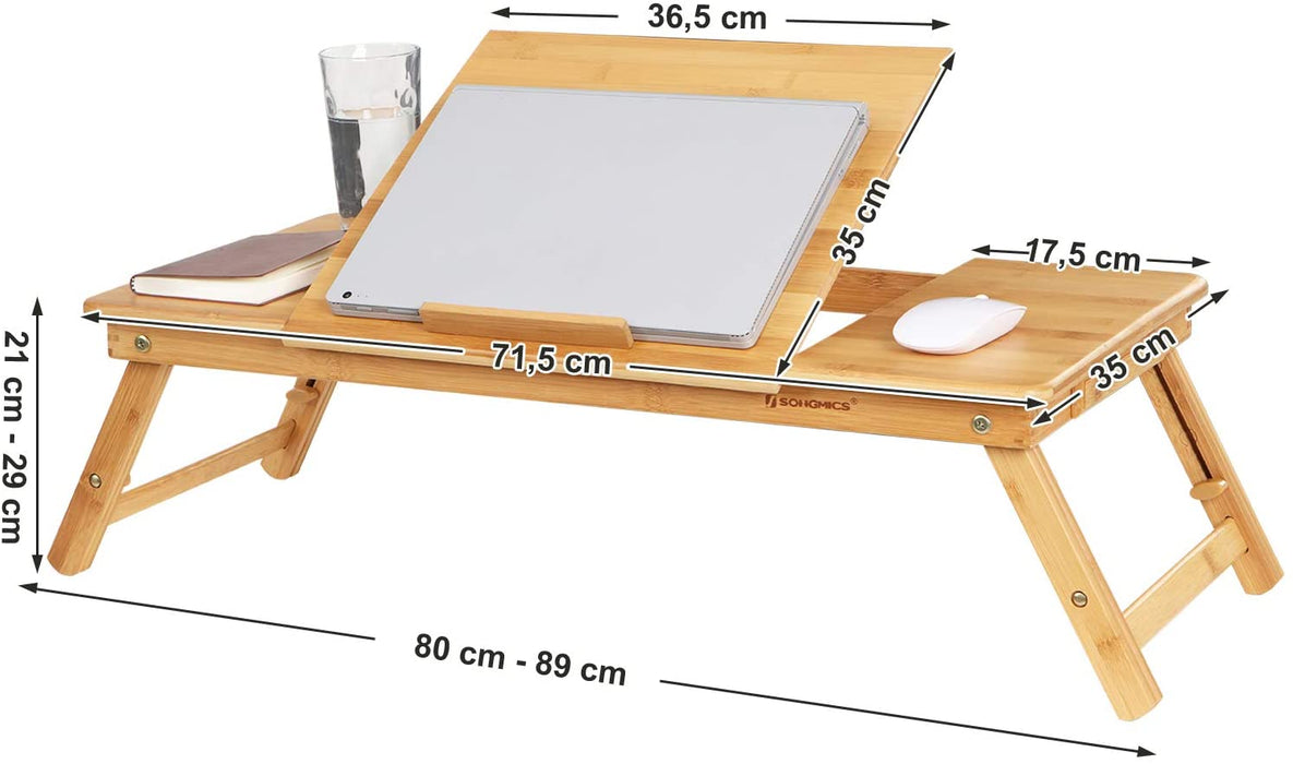 Laptoptisch, klappbarer und höhenverstellbarer Notebooktisch, mit Lüftungslöchern, für Links- und Rechtshänder, Betttisch aus Bambus mit Schublade