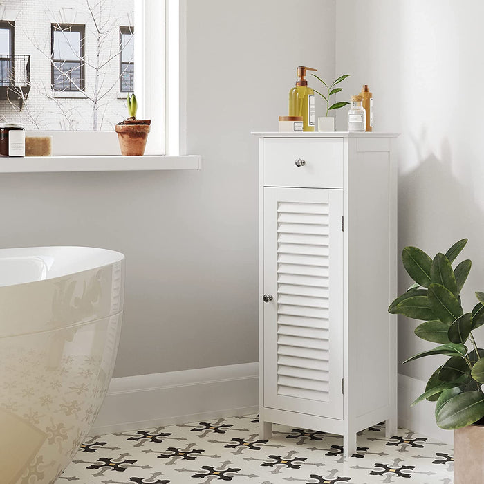 Badezimmerschrank Badschrank Nachttisch Regal Aufbewahrung für Badezimmer aus Holz mit Schublade Lamellentür weiß 32 x 87 x 30 cm (B x H x T)