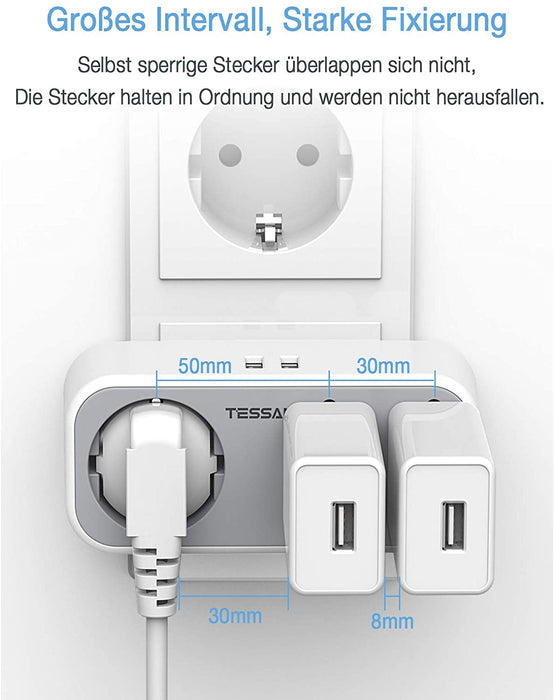 Doppelstecker für Steckdose, TESSAN 5 in 1 Steckdosenadapter mit 2 USB Anschluss, Mehrfachsteckdose 3 Fach Mehrfachstecker mit USB Ladegerät