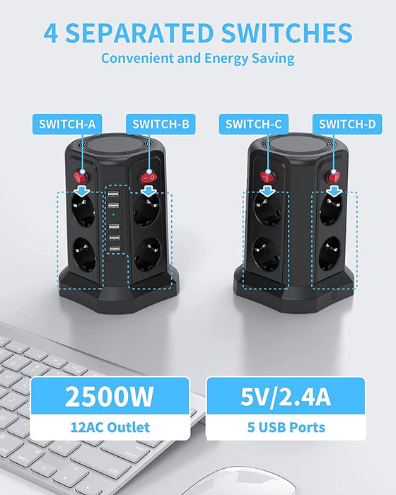 8 Fach Steckdosenleiste mit 3M Kabel, Mehrfachsteckdose mit 5 USB 12W, Steckdosenturm mit 4 Schalter, Steckdosenleiste überspannungsschutz