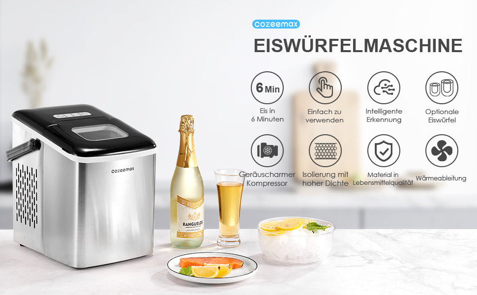 Eiswürfelmaschine, 12KG Eiswürfelbereiter, 2 Eiswürfel Größen, Edelstahl Eiswürfelmaschinen, 6 Minuten Produktionszeit Ice Maker, BPA-frei