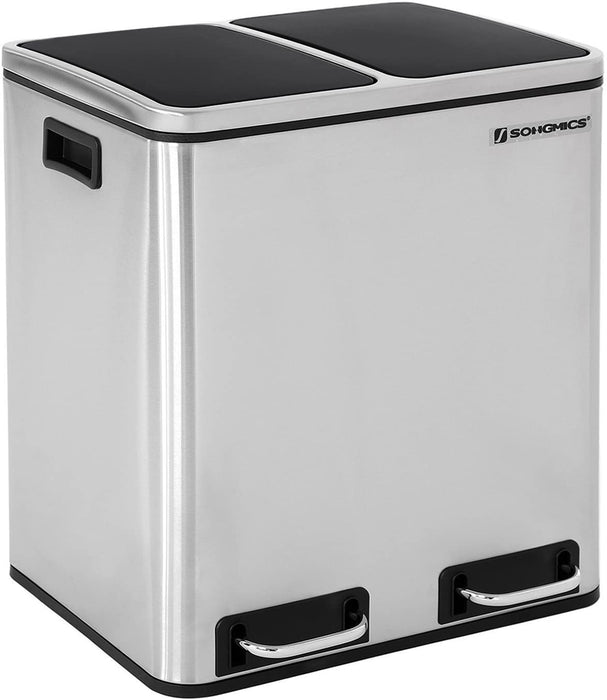 Mülleimer für die Küche, 30 L, Abfalleimer aus Metall, Mülltrennung, Treteimer mit Inneneimern und Griffen, 2 x 15 Liter, Softclose, luftdicht