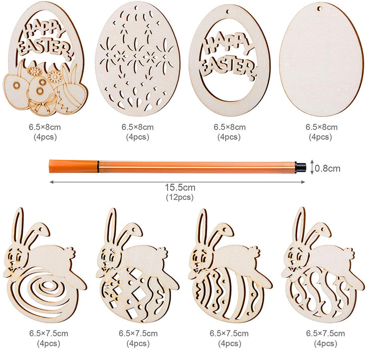 44 TLG Holzanhänger Ostern Deko mit Schnur DIY Basteln zum Bemalen Holz Anhänger für Kinder Ostereier Osterhase(MEHRWEG)