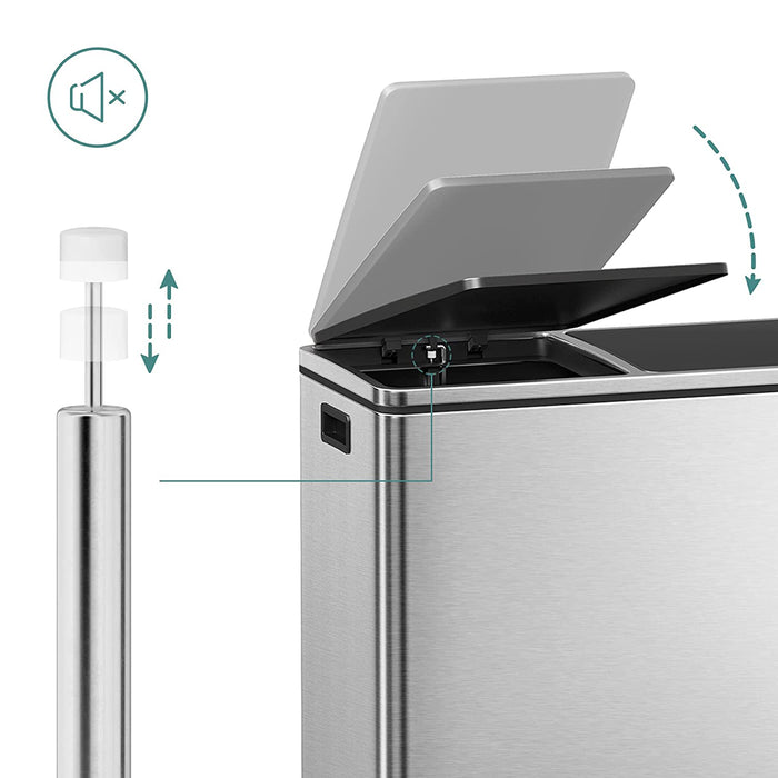 Mülleimer, 2 x 30 L, 2 Fächer, Mülltrennsystem, Treteimer, Abfalleimer Küche, 15 Müllsäcke, aus Metall, Inneneimer aus Kunststoff, Klappdeckel