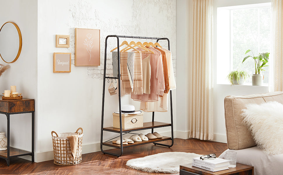 Kleiderständer, Garderobenständer, Garderobe, 2 Ablagen, 6 Haken in S-Form, Stahlgestell, für Schlafzimmer, Flur, Eingangsbereich, Industrie-Design