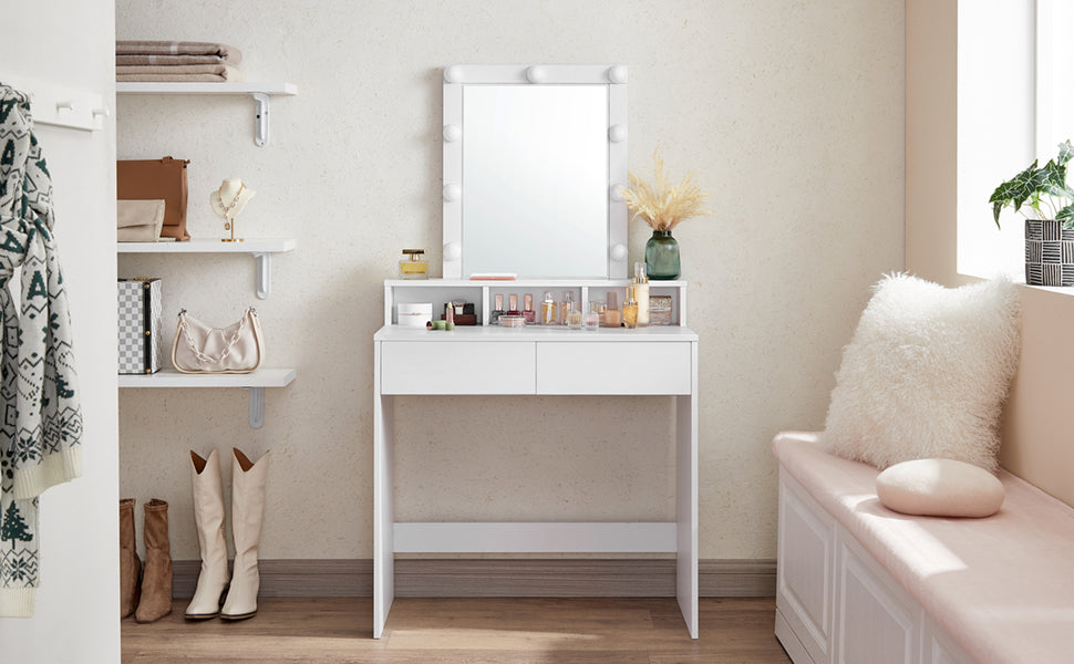 Schminktisch mit LED Beleuchtung, Frisiertisch mit Spiegel, Kosmetiktisch mit 2 Schubladen und 3 offenen Fächern, Frisierkommode, für Make-up, modern