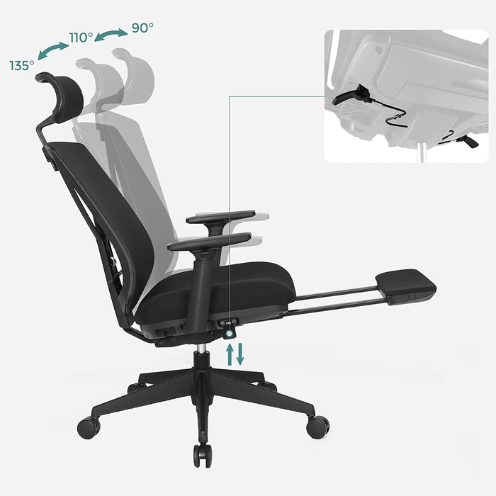 Bürostuhl mit Fußstütze, Ergonomischer Schreibtischstuhl mit Lordosenstütze, verstellbare Kopfstütze und Armstütze, Höhenverstellung und Wippfunktion