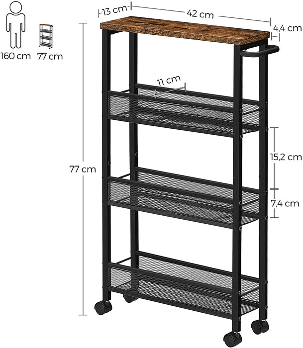 Servierwagen, Küchenregal auf Rollen, schmal, Küchenwagen, Rollwagen, um 360° drehbare Räder, Metallgestell, für Küche, Wohnzimmer, Homeoffice