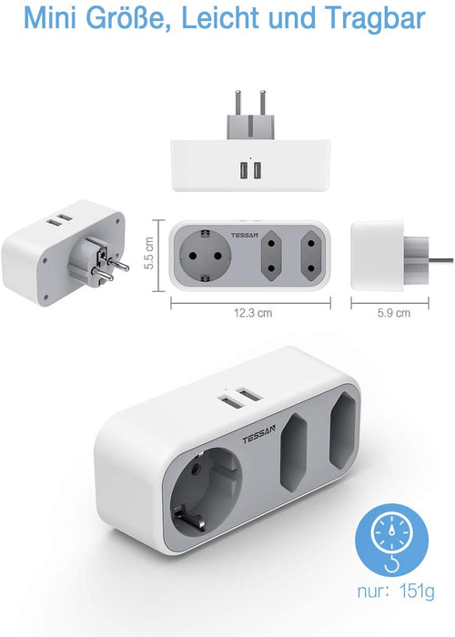 Doppelstecker für Steckdose, TESSAN 5 in 1 Steckdosenadapter mit 2 USB Anschluss, Mehrfachsteckdose 3 Fach Mehrfachstecker mit USB Ladegerät