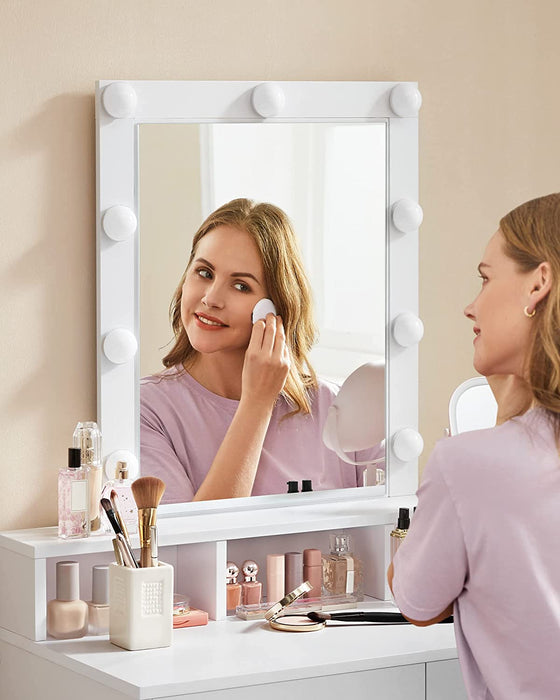 Schminktisch mit LED Beleuchtung, Frisiertisch mit Spiegel, Kosmetiktisch mit 2 Schubladen und 3 offenen Fächern, Frisierkommode, für Make-up, modern