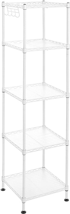 Badezimmerregal, Standregal, Metallregal, bis 100 kg belastbar, mit 5 PP-Platten, abnehmbare Haken, 30 x 30 x 123,5 cm, erweiterbar, für kleine Räume