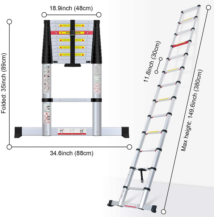 3,8M Teleskopleiter mit Stabilisator, Aluminium Ausziehleiter Hohe Mehrzweckleiter, 150 kg Belastbarkeit Schwarz