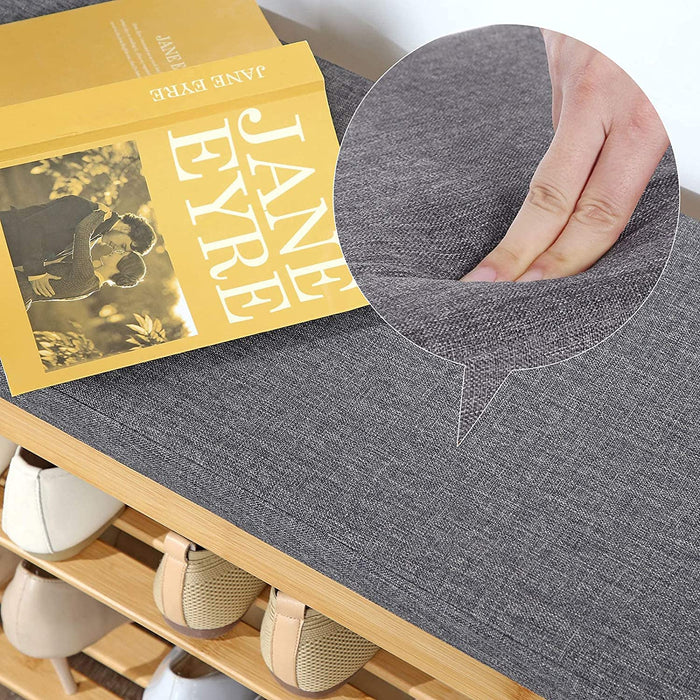 Schuhbank aus Bambus, Schuhregal mit 2 Regalebenen, Sitzbank, für Flur, Wohnzimmer, Sitzfläche bis 150 kg belastbar, 71 x 29 x 49 cm, naturfarben-grau