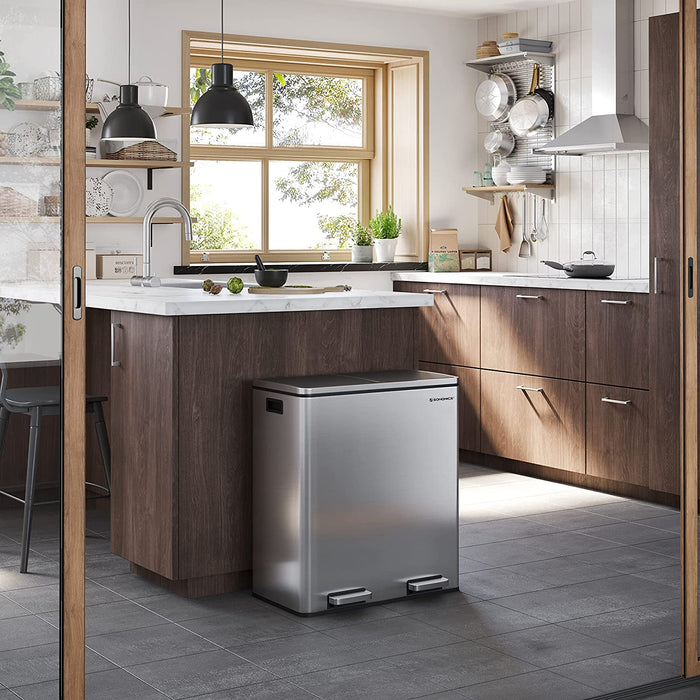 Mülleimer, 2 x 30 L, 2 Fächer, Mülltrennsystem, Treteimer, Abfalleimer Küche, 15 Müllsäcke, aus Metall, Inneneimer aus Kunststoff, Klappdeckel